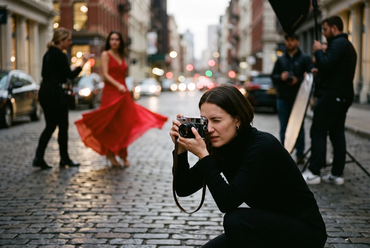 Ana fotografiše model u crvenoj haljini na ulici u sumrak